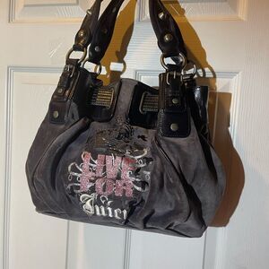 VintageJuicyCouture gray velour&black leather trim,white embroidery Satchel